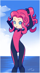Rule 34 | 1girl, adjusting hair, blue eyes, blush, bodysuit, cloud, diving suit, drantyno, hasbro, long hair, looking at viewer, mouth hold, my little pony, my little pony: equestria girls, my little pony: friendship is magic, pink bodysuit, pink hair, pinkie pie, ponytail, ribbon, sky, standing, water, wetsuit