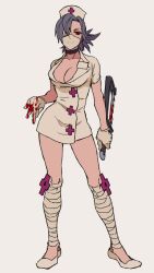 Rule 34 | 1girl, blood, blood on hands, blue hair, bonesaw, breasts, choker, cleavage, collarbone, eyepatch, gloves, hat, hiramoto (yamadaiwa), large breasts, latex, latex gloves, leg wrap, looking at viewer, mask, mouth mask, nurse cap, ponytail, red eyes, saw, skullgirls, smile, solo, standing, surgical mask, valentine (skullgirls)