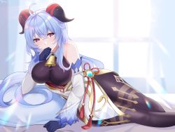 Rule 34 | 1girl, absurdres, ahoge, arm support, bare shoulders, bed, bed sheet, bell, black gloves, black legwear, blue hair, breasts, chinese knot, covering own mouth, detached sleeves, flower knot, ganyu (genshin impact), genshin impact, gloves, gold trim, highres, horns, indoors, large breasts, lingshalan, long hair, looking at viewer, lying, neck bell, on side, paid reward available, pillow, purple eyes, sidelocks, solo, tassel, thighlet, vision (genshin impact), white sleeves, window