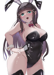 Rule 34 | 1girl, absurdres, animal ears, aqua eyes, bare shoulders, blunt bangs, breasts, brown hair, butter curry, cleavage, detached collar, fake animal ears, highres, kurosawa dia, large breasts, leotard, long hair, looking at viewer, love live!, love live! sunshine!!, mole, mole under mouth, playboy bunny, rabbit ears, simple background, solo, thighhighs, wrist cuffs