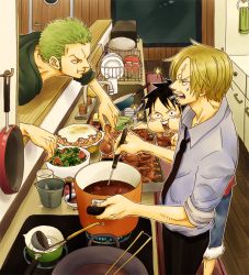 Rule 34 | 3boys, :t, bad id, bad pixiv id, black hair, blonde hair, chicken (food), cigarette, cup, denim, eating, food, frying pan, green hair, jeans, kitchen, ladle, male focus, monkey d. luffy, mouth hold, multiple boys, necktie, one piece, open mouth, pants, plate, pot, puniatta, roronoa zoro, salad, sanji (one piece), sink, sleeves rolled up, stove, teeth, towel