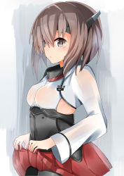 Rule 34 | 10s, 1girl, bike shorts, brown eyes, brown hair, from side, hair between eyes, headband, headgear, hidaka0503, highres, kantai collection, long sleeves, looking at viewer, miniskirt, pleated skirt, red skirt, see-through, short hair, skirt, solo, sweat, taihou (kancolle), wet, wet clothes