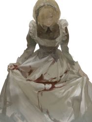 Rule 34 | 1girl, blonde hair, blood, blood on clothes, blood on hands, blue eyes, blunt bangs, buttons, corset, cowboy shot, dress, hair over one eye, highres, long sleeves, looking to the side, maid, maid headdress, one eye covered, original, rd chet, short hair, simple background, skirt hold, solo, standing, white background, white dress