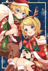 Rule 34 | 1boy, 1girl, animal hairband, antlers, bell, blonde hair, blue eyes, boots, border, bow, box, brown footwear, brown pants, capelet, christmas, christmas lights, christmas tree print, commentary, cross-laced footwear, earmuffs, english commentary, fur-trimmed boots, fur-trimmed capelet, fur-trimmed headwear, fur-trimmed shirt, fur trim, gift, gift box, green scarf, hair ornament, hairclip, hat, highres, holding, holding gift, holding sack, horns, jingle bell, kagamine len, kagamine rin, lace-up boots, looking at viewer, neck bell, open mouth, pants, pom pom (clothes), red bow, red capelet, red headwear, reindeer antlers, sack, santa costume, santa hat, sazanami (ripple1996), scarf, shirt, short hair, short ponytail, sitting, smile, snowflake background, standing, star (sky), strapless, strapless shirt, striped, striped bow, vocaloid, wrist cuffs, yellow border