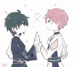 Rule 34 | 2boys, ahoge, blush, closed mouth, commentary request, earrings, ensemble stars!, eye contact, flower, green hair, heart, highres, itsuki shu, jewelry, kagehira mika, le temps des fleurs (ensemble stars!), long sleeves, looking at another, manikamo19, multiple boys, official alternate costume, open mouth, petals, pink flower, pink hair, purple eyes, ring, short hair, upper body, valkyrie (ensemble stars!), yaoi, yellow eyes