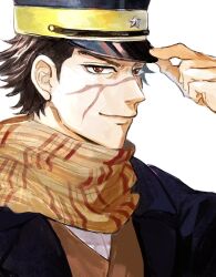 Rule 34 | 1boy, brown eyes, close-up, commentary request, gerende15, golden kamuy, hand on headwear, hat, highres, jacket, long sleeves, looking at viewer, male focus, military hat, orange eyes, profile, scar, scar on face, scarf, simple background, smile, solo, sugimoto saichi, upper body, white background