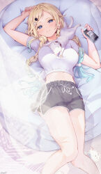 1girl absurdres aizawa_ema aizawa_ema_(4th_costume) bean_bag_chair black_shorts blonde_hair blue_eyes blue_hair braid breasts cat cat_hair_ornament cellphone commentary_request curtains dolphin_shorts earbuds earphones gradient_hair hair_ornament hairclip highres holding holding_phone large_breasts light_rays long_hair looking_at_viewer lying midriff motoja_72p multicolored_hair on_back orange_nails parted_lips phone pink_nails pom_pom_(clothes) pom_pom_hair_ornament shirt short_shorts short_sleeves shorts sleeping sleeping_on_person slippers smartphone solo twin_braids two-tone_nails variant_set virtual_youtuber vspo! white_shirt