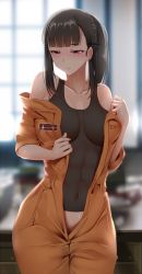 Rule 34 | 1girl, abs, bare shoulders, black hair, black tank top, blurry, blurry background, breasts, collarbone, commentary request, en&#039;en no shouboutai, artistic error, female pubic hair, ginhaha, half-closed eyes, highres, large breasts, looking at viewer, maki oze, navel, orange overalls, overalls, ponytail, pubic hair, purple eyes, solo, standing, tank top