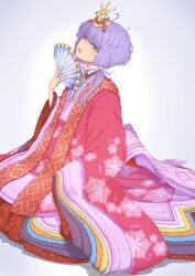 Rule 34 | 1girl, absurdres, alternate costume, commentary request, hair ribbon, hakama, half-closed eyes, hand fan, hand up, head back, highres, hirabitai, holding, holding fan, japanese clothes, karaginu mo, kimono, layered clothes, layered kimono, lipstick, looking at viewer, looking to the side, makeup, multicolored clothes, multicolored kimono, parted lips, purple eyes, purple hair, red hakama, ribbon, seiza, shiratama (siratama5656), sitting, solo, vocaloid, voiceroid, white background, wide sleeves, yuzuki yukari