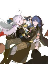 1boy 2girls armor artuvia black_armor black_shorts blue_eyes blue_hair brown_pantyhose commentary_request dated fire_emblem fire_emblem:_three_houses floating_hair forehead garreg_mach_monastery_uniform gloves hair_between_eyes hair_ribbon highres long_hair looking_at_another lying multiple_girls navel nintendo pantyhose purple_eyes purple_ribbon ribbon seteth_(fire_emblem) shadow shorts simple_background white_background white_gloves