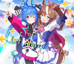Rule 34 | 2girls, :d, @ @, animal ears, anniversary, arm up, ascot, asymmetrical gloves, blue eyes, blue gloves, blue hair, blue sky, brown hair, cloud, cloudy sky, commentary, day, drawstring, english commentary, epaulettes, gloves, grin, hair between eyes, hair ribbon, hand on another&#039;s shoulder, high ponytail, highres, horse ears, horse girl, horse tail, jacket, long hair, long sleeves, mismatched gloves, multicolored hair, multiple girls, one eye closed, open mouth, outdoors, outstretched arm, pilokey, pink ascot, pink ribbon, pixelated, pleated skirt, pointing, ponytail, puffy long sleeves, puffy sleeves, purple eyes, ribbon, single epaulette, skirt, sky, smile, sparkle, streaked hair, stuffed animal, stuffed rabbit, stuffed toy, tail, tokai teio (umamusume), twin turbo (umamusume), twintails, umamusume, very long hair, white gloves, white hair, white jacket, white skirt