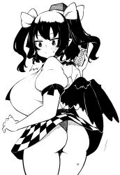 Rule 34 | 1girl, absurdres, ass, black hair, black skirt, black wings, breasts, cellphone, checkered clothes, checkered skirt, collared shirt, feathered wings, greyscale, hat, highres, himajin noizu, himekaidou hatate, large breasts, long hair, monochrome, phone, pom pom (clothes), scallop, shirt, simple background, skirt, solo, tokin hat, touhou, twintails, white background, white shirt, wings