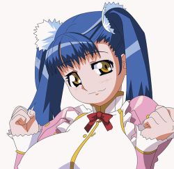 Rule 34 | 00s, 1girl, animated, animated gif, blue hair, bouncing breasts, breasts squeezed together, breasts, chuiru, covered erect nipples, choujuushin gravion, huge breasts, large breasts, long hair, long sleeves, looking at viewer, maid, puffy sleeves, smile, solo, twintails, yellow eyes