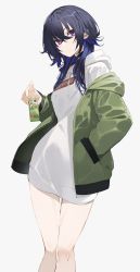 Rule 34 | 1girl, absurdres, black hair, blue hair, closed mouth, commentary request, drawstring, drinking straw, feet out of frame, green jacket, grey background, hair between eyes, hand in pocket, highres, holding, hood, hood down, hooded jacket, hoodie, ichinose uruha, jacket, long hair, long sleeves, looking at viewer, lupinus virtual games, multicolored hair, off shoulder, open clothes, open jacket, puffy long sleeves, puffy sleeves, purple eyes, senmu (senmudayo), simple background, solo, streaked hair, virtual youtuber, vspo!, white hoodie