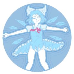 Rule 34 | 1girl, blue bow, blue hair, bow, cirno, closed eyes, colored eyelashes, dress, floating, hair bow, ice, ice wings, in water, justin hsu, legs, lying, muted color, on back, outline, outstretched arms, red ribbon, ribbon, ripples, round image, short sleeves, simple background, solo, spread arms, thighs, touhou, white background, wings