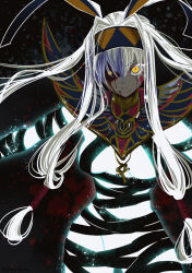 Rule 34 | 1girl, ankh necklace, bandages, blood, blood from mouth, blood on face, dark-skinned female, dark skin, facial mark, fate/grand order, fate (series), glowing, glowing eye, hairband, long hair, misuke (gyouran), nitocris (fate), nitocris alter (fate), nitocris alter (first ascension) (fate), white hair, yellow eyes