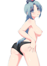 Rule 34 | 1girl, ass, bad id, bad pixiv id, blue eyes, blue hair, braid, breasts, clothes lift, female focus, large breasts, matching hair/eyes, nase, nipples, panties, panties only, ponytail, shirt lift, simple background, single braid, solo, topless, touhou, underwear, underwear only, white background, yagokoro eirin