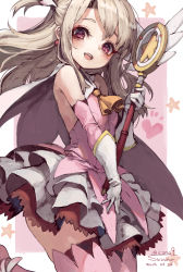 Rule 34 | 1girl, :d, artist name, blush, breasts, dated, detached sleeves, dress, earrings, eyebrows hidden by hair, fate/kaleid liner prisma illya, fate (series), gloves, heart, heart-shaped pupils, highres, jewelry, light brown hair, long hair, magical ruby, one side up, open mouth, outside border, pink eyes, pink thighhighs, prisma illya, short dress, sidelocks, small breasts, smile, solo, suzuno (bookshelf), symbol-shaped pupils, thighhighs, white gloves