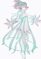 Rule 34 | 1girl, dress, earrings, floating hair, grey hair, highres, jewelry, long hair, long sleeves, original, pink eyes, pink hair, puffy long sleeves, puffy sleeves, see-through, see-through dress, see-through sleeves, signature, simple background, smile, solo, transparent, umishima senbon, white background