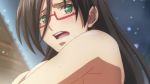 Rule 34 | 10s, 1girl, animated, black hair, blush, breasts, covered erect nipples, embarrassed, female focus, glasses, green eyes, hasegawa chisato, highres, lactation, large breasts, long hair, nipples, onsen, shinmai maou no testament, snowing, solo, sound, video, video