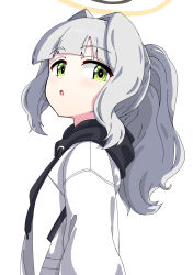 Rule 34 | 1girl, 9-san, black hoodie, blue archive, from side, green eyes, grey hair, halo, hare (blue archive), highres, hood, hood down, hoodie, jacket, long hair, long sleeves, looking at viewer, parted lips, ponytail, simple background, solo, upper body, white background, white jacket
