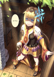 Rule 34 | ..., 1girl, 3:, belt, black belt, black shirt, blonde hair, blue eyes, blunt bangs, breasts, brown footwear, cape, chair, closed mouth, commentary request, day, detached sleeves, door, from above, full body, glint, hair ornament, highres, holding, holding umbrella, indoors, leaf, legs apart, light rays, long hair, looking away, looking up, medium breasts, neck ribbon, original, pixiv fantasia, pixiv fantasia 1, pixiv fantasia revenge of the darkness, pointy ears, red ribbon, ribbon, shade, shirt, shoes, sidelocks, skirt, sleeveless, sleeveless shirt, solo, spoken ellipsis, standing, sun symbol, sunlight, sweatdrop, table, umbrella, white cape, wide sleeves, witch, wooden chair, wooden door, wooden floor, wooden table, ye zi you bei jiao ju ge, yellow skirt, yellow umbrella