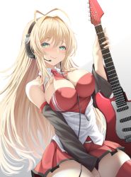 Rule 34 | 1girl, antenna hair, ascot, blonde hair, breasts, cleavage, closed mouth, commentary request, detached sleeves, electric guitar, fender stratocaster, guitar, headset, highres, instrument, large breasts, long hair, looking at viewer, red ascot, red skirt, simple background, skirt, smile, solo, tokiro ed29689, tsurumaki maki, voiceroid, white background