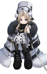Rule 34 | + +, 1girl, absurdres, aged down, azur lane, black footwear, black gloves, boots, brown hair, cloak, closed mouth, dishwasher1910, dress, elbow gloves, full body, fur-trimmed boots, fur-trimmed cloak, fur hat, fur trim, gloves, hair over shoulder, hand on own hip, hat, highres, holding, holding sword, holding weapon, kronshtadt (azur lane), long hair, low twintails, parted bangs, sleeveless, sleeveless dress, solo, standing, sword, twintails, twitter username, weapon, white cloak, white dress, white hat