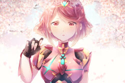 Rule 34 | 1girl, amanoru mozuku, breasts, cherry blossoms, core crystal (xenoblade), drop earrings, earrings, fingerless gloves, gloves, highres, impossible clothes, jewelry, large breasts, looking at viewer, parted lips, pyra (xenoblade), red eyes, red hair, short hair, solo, swept bangs, tiara, upper body, xenoblade chronicles (series), xenoblade chronicles 2