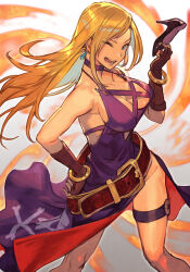 Rule 34 | 1girl, :d, belt, blonde hair, breasts, brown gloves, cleavage, dress, earrings, fatal fury, feet out of frame, fingerless gloves, garou: mark of the wolves, gloves, holding, holding shoes, hungry clicker, jenet behrn, jewelry, large breasts, long hair, one eye closed, open mouth, oversized belt, purple dress, shoes, smile, snk, solo, the king of fighters, the king of fighters xv