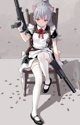 Rule 34 | 1girl, animal ears, apron, black footwear, blush, cat ears, chair, closed mouth, feiqizi (fkey), fkey, frilled apron, frills, gloves, grey hair, gun, handgun, highres, holding, holding gun, holding weapon, holster, holstered, indoors, long hair, looking at viewer, maid, maid apron, mary janes, original, ponytail, puffy short sleeves, puffy sleeves, red eyes, red neckwear, red ribbon, ribbon, shadow, shell casing, shoes, short sleeves, signature, sitting, smoke, smoking gun, solo, thighhighs, wall, weapon, white apron, white gloves, white thighhighs