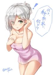 Rule 34 | !, 10s, 1girl, bad id, bad twitter id, bare shoulders, blush, breasts, cleavage, female focus, green eyes, hair ornament, hair over one eye, tucking hair, hairclip, hamakaze (kancolle), kantai collection, large breasts, leaning forward, naked towel, open mouth, pink towel, silver hair, simple background, solo, takehana note, towel, twitter username, wet, white background