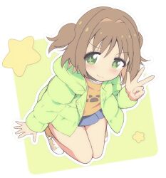 Rule 34 | + +, 1girl, bare legs, blue skirt, brown hair, commentary, full body, green eyes, green jacket, jacket, light blush, long sleeves, looking at viewer, miniskirt, multicolored hair, oka asahi, onii-chan wa oshimai!, orange hair, orange shorts, outline, pleated skirt, short hair, shorts, simple background, skirt, smile, solo, star (symbol), two-tone hair, two side up, unkimo, w, white outline, yellow background