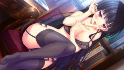 Rule 34 | 1girl, adjusting hair, areola slip, black bra, black hair, black panties, black thighhighs, blush, book, bookshelf, bra, breasts, chair, cleavage, dutch angle, female focus, food, game cg, garter belt, garter straps, hinata nao, imouto paradise!, imouto paradise! 3, indoors, large breasts, leg up, legs, library, licking, lingerie, long hair, looking at viewer, moonstone, nanase zakuro, naughty face, open mouth, original, panties, panties over garter belt, pink eyes, popsicle, sexually suggestive, sitting, smile, solo, table, thighhighs, thighs, tongue, underwear