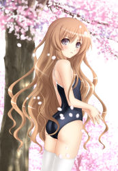 Rule 34 | 00s, 1girl, aisaka taiga, ass, black one-piece swimsuit, brown eyes, brown hair, cherry blossoms, competition school swimsuit, covered erect nipples, flat chest, fusataka shikibu, highres, long hair, one-piece swimsuit, petals, school swimsuit, solo, swimsuit, thighhighs, toradora!, white thighhighs