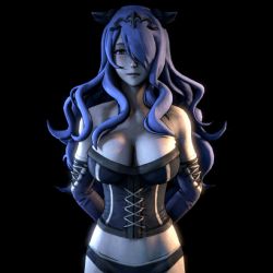 Rule 34 | 10s, 1girl, 3d, animated, animated gif, arms behind back, artist request, bare shoulders, bayernsfm, black background, black gloves, black panties, bouncing breasts, breasts, camilla (fire emblem), cleavage, corset, covering one eye, elbow gloves, female focus, fire emblem, fire emblem fates, fire emblem warriors, gloves, hair over one eye, large breasts, long hair, looking at viewer, nintendo, panties, purple eyes, purple hair, simple background, solo, standing, staring, underwear, upper body