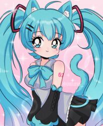 Rule 34 | 1990s (style), 1girl, absurdres, animal ears, black skirt, blue bow, blue eyes, blue hair, blush, bow, breasts, bubble background, cat ears, cat girl, cat tail, chellyko, detached sleeves, grey shirt, hair ornament, hair ribbon, hairclip, hatsune miku, highres, long hair, long sleeves, medium breasts, pink background, retro artstyle, ribbon, shirt, shoulder tattoo, skirt, sleeveless, sleeveless shirt, smile, sparkle, standing, tail, tattoo, twintails, vocaloid