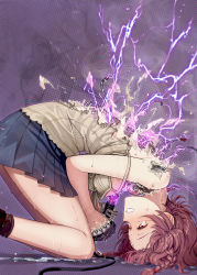 Rule 34 | android, android girl (itou), black skirt, blush, braid, camisole, curled up, electricity, explosion, from side, highres, itou (onsoku tassha), joints, mechanical parts, melting, miniskirt, open mouth, original, red eyes, red hair, revision, robot joints, short hair, side braid, skirt, strap slip, sweat, tears