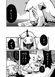 Rule 34 | 10s, 2girls, abyssal ship, ahoge, claws, comic, greyscale, horns, kantai collection, long hair, mittens, monochrome, multiple girls, northern ocean princess, pout, seaport princess, single horn, translation request, wishbone