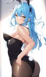 Rule 34 | 1girl, absurdres, animal ears, ass, bare shoulders, black leotard, blue hair, blush, breasts, closed mouth, commentary request, cowboy shot, detached collar, from behind, hair between eyes, highres, hololive, keienu0, leotard, long hair, looking at viewer, looking back, medium breasts, paid reward available, pantyhose, playboy bunny, pointy ears, rabbit ears, rabbit tail, shiny skin, simple background, sleeveless, solo, standing, strapless, strapless leotard, sweat, tail, virtual youtuber, yellow eyes, yukihana lamy