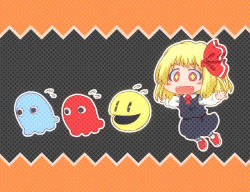 Rule 34 | + +, 1girl, black background, black skirt, black vest, blinky (pac-man), blonde hair, blush stickers, chasing, crossover, fangs, flying sweatdrops, ghost, hair ribbon, inky (pac-man), long sleeves, matty (zuwzi), necktie, open mouth, outstretched arms, pac-man, pac-man (game), pac-man eyes, red eyes, red footwear, red necktie, red ribbon, ribbon, rumia, shoes, short hair, skirt, smile, spread arms, touhou, vest