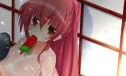 Rule 34 | 1girl, ajikan (azican), bad id, bad pixiv id, blush, breasts, food, food in mouth, hand fan, large breasts, long hair, mouth hold, orange eyes, paper fan, ponytail, popsicle, red hair, see-through, shade, shadow, shirt, solo, sweat, uchiwa, watermelon bar, wet, wet clothes, wet shirt