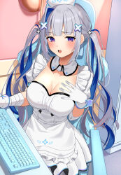 Rule 34 | 1girl, absurdres, alternate breast size, amane kanata, amane kanata (nurse), apron, bandages, blue hair, blush, breasts, chair, cleavage, collarbone, colored inner hair, detached collar, dress, frilled apron, frills, gaming chair, gloves, grey hair, hair ornament, hairclip, hat, highres, hololive, keyboard (computer), large breasts, long hair, low twintails, multicolored hair, nurse, nurse cap, open mouth, puffy short sleeves, puffy sleeves, purple eyes, short hair, short sleeves, single hair intake, sitting, smile, solo, streaked hair, swivel chair, twintails, two side up, uuroncha, virtual youtuber, white apron, white dress, white gloves