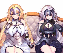 Rule 34 | 2girls, armor, armored dress, bare shoulders, blonde hair, blue eyes, blush, breasts, chain, clothing cutout, commentary request, cup, drinking, elbow gloves, fate/apocrypha, fate/grand order, fate (series), fur trim, gauntlets, gloves, headpiece, highres, jeanne d&#039;arc (fate), jeanne d&#039;arc (ruler) (fate), jeanne d&#039;arc (third ascension) (fate), jeanne d&#039;arc alter (avenger) (fate), jeanne d&#039;arc alter (avenger) (third ascension) (fate), jeanne d&#039;arc alter (fate), large breasts, long hair, looking at viewer, multiple girls, navel, ninoude (ninoude44), silver hair, sitting, smile, thighs, white background, yellow eyes