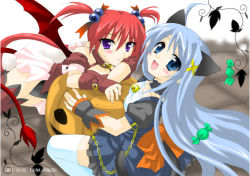 Rule 34 | 00s, 2girls, agito, agito (nanoha), ahoge, animal ears, blue eyes, blue hair, blush, bow, candy, cat ears, cat tail, chain, collar, demon girl, fingerless gloves, food, gloves, hair bobbles, hair ornament, long hair, lyrical nanoha, mahou shoujo lyrical nanoha, mahou shoujo lyrical nanoha strikers, multiple girls, pointy ears, ponytail, purple eyes, red hair, reinforce zwei, tail, thighhighs, very long hair, white thighhighs, wings, x hair ornament, zettai ryouiki