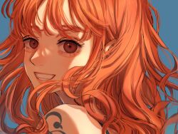 Rule 34 | 1girl, absurdres, aegyo sal, arm tattoo, bare shoulders, blue background, brown eyes, eyelashes, highres, looking at viewer, nami (one piece), norimaki (seidan0611), one piece, orange hair, simple background, smile, solo, tattoo, teeth
