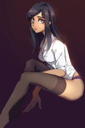 Rule 34 | 1girl, absurdres, alternate hairstyle, artist name, black eyes, black hair, breasts, brown lips, brown thighhighs, closed mouth, collared shirt, dark-skinned female, dark skin, dress shirt, eye of horus, eyebrows, facial mark, facial tattoo, gradient background, highres, invisible chair, lace, lace panties, lingerie, lips, lipstick, long hair, makeup, medium breasts, overwatch, overwatch 1, panties, pharah (overwatch), purple panties, rocy canvas, shirt, short sleeves, sidelocks, sitting, sleeves rolled up, solo, swept bangs, tattoo, thighhighs, underwear, white shirt, wing collar