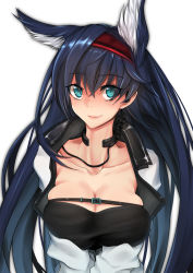 Rule 34 | 1girl, animal ear fluff, animal ears, aqua eyes, arknights, black hair, blaze (arknights), breasts, cat ears, cleavage, collarbone, commentary request, hair between eyes, hairband, large breasts, long hair, looking at viewer, red hairband, shirt, simple background, skindentation, smile, solo, upper body, white background, white shirt, yamauchi (conan-comy)