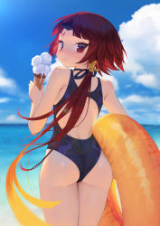 Rule 34 | 1girl, absurdres, ass, back, back cutout, bare arms, benienma (fate), blonde hair, blue one-piece swimsuit, blush, charles (106858), closed mouth, clothing cutout, cloud, cloudy sky, cone, day, fate/grand order, fate (series), furrowed brow, hair ribbon, highleg, highleg swimsuit, highres, horns, lifebuoy, long hair, looking at viewer, looking back, low ponytail, multicolored hair, ocean, one-piece swimsuit, outdoors, parted bangs, ponytail, red eyes, red hair, ribbon, sky, smile, solo, swim ring, swimsuit, thighs, two-tone hair