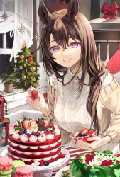 Rule 34 | 1girl, animal ears, apron, bow, brown hair, cake, christmas, christmas tree, cookie, food, hair between eyes, holding, holding food, indoors, looking at viewer, original, purple eyes, rabbit, red bow, shirt, smile, solo, star (symbol), sweater, syuri22, white shirt, yellow sweater